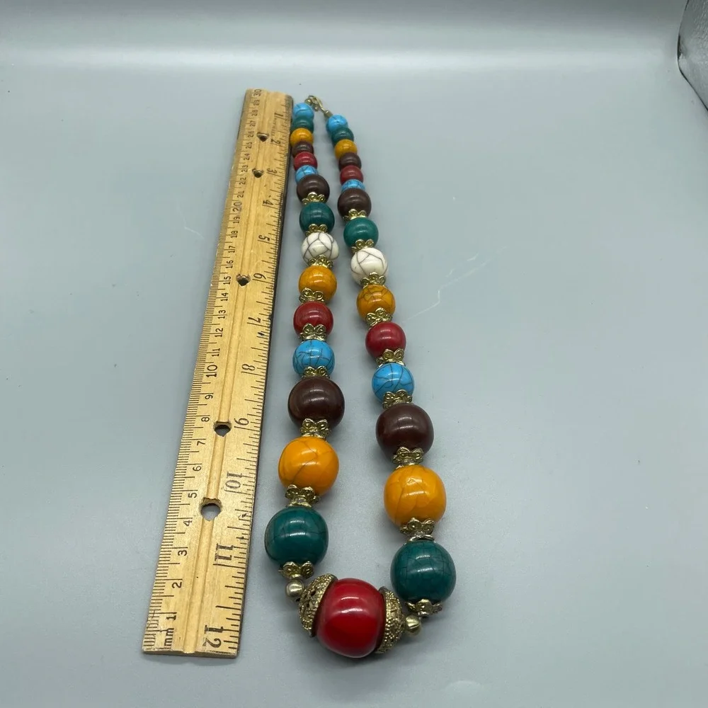 Boho Chunky Multi Color Bead Necklace Brass Filigree Statement 22 Inch Vintage‎